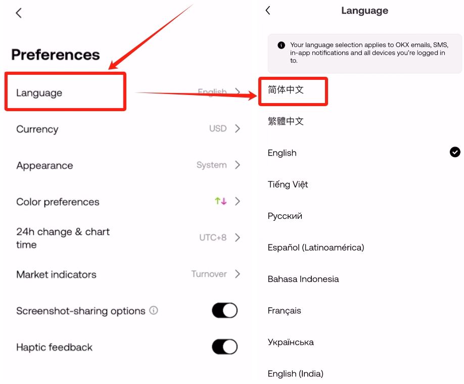 如何将欧易APP页面设置成中文？_图3