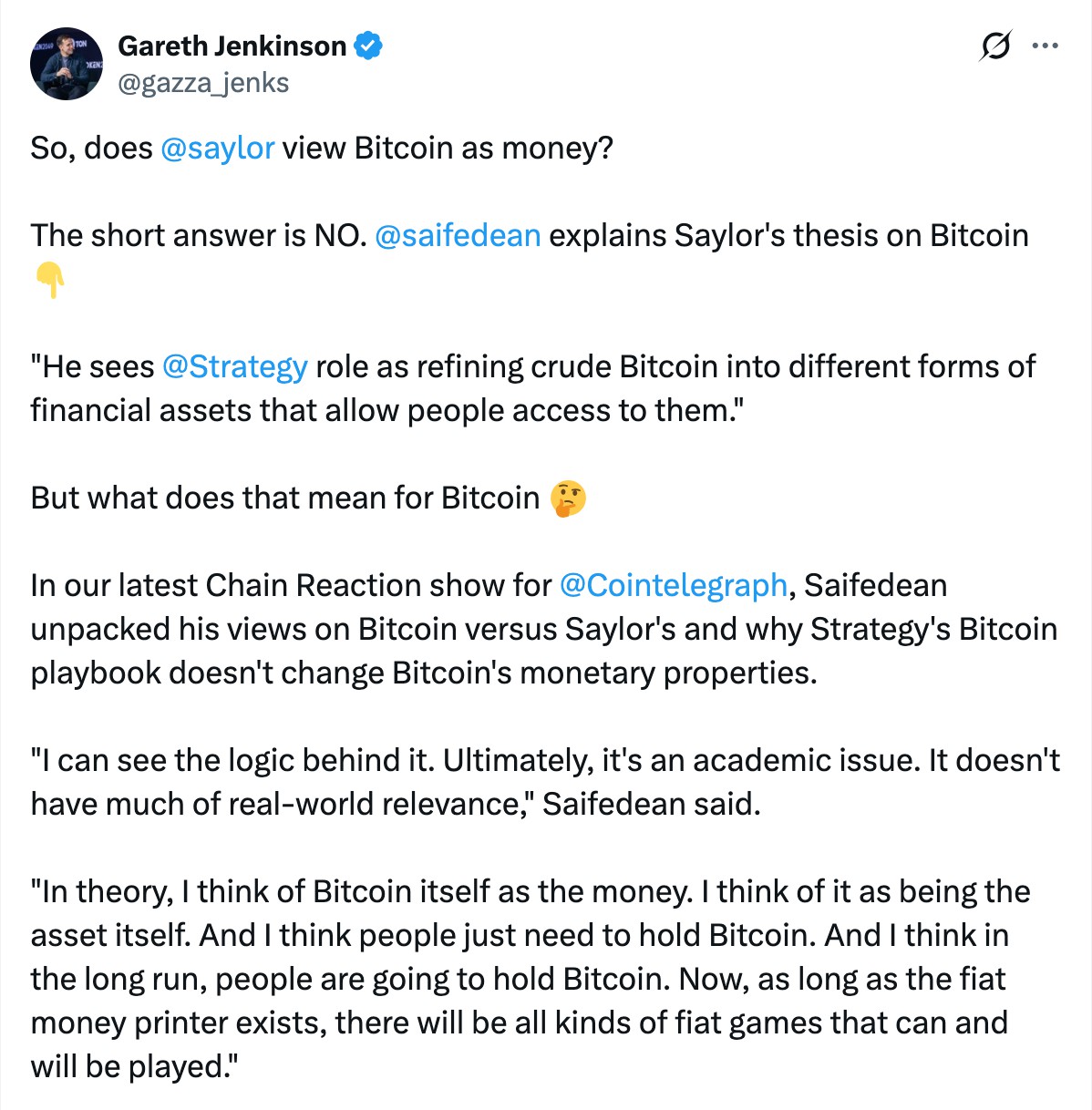 萨约尔论BTC：货币或商品？