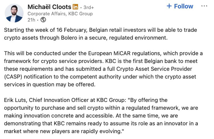 KBC比利时上线BTC/ETH