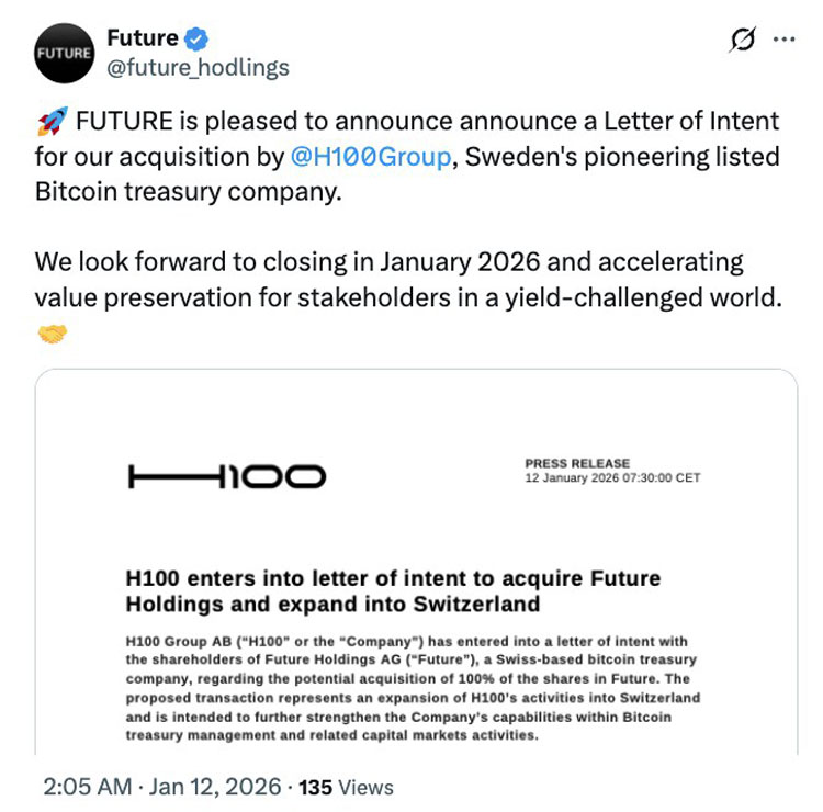 比特币金库Future Holdings或易主H100