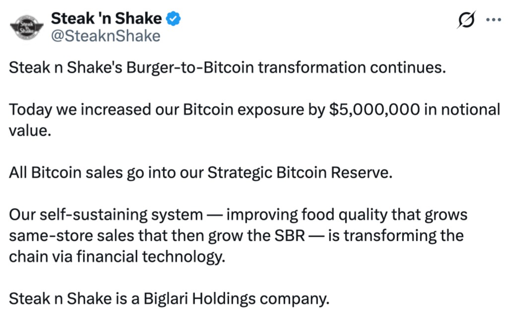 Steak 'n Shake 500万美元押注比特币