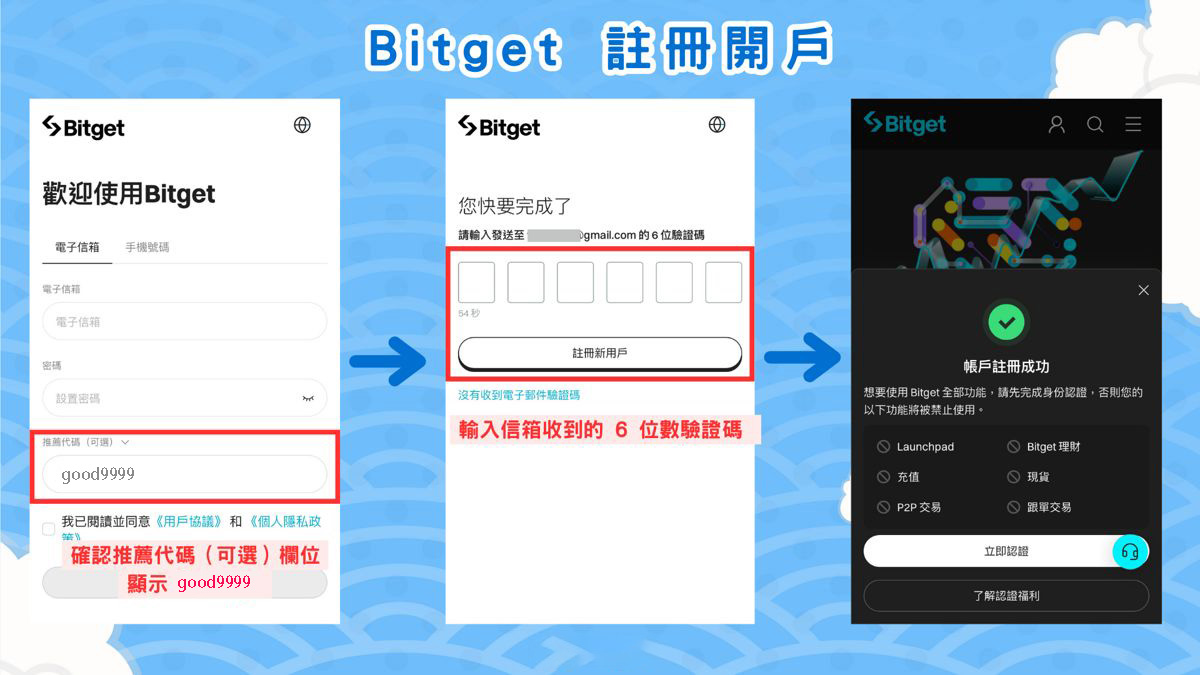 Bitget&nbsp;开户注册步骤二：电子信箱 Email&nbsp;和验证 + 绑定推荐码是：good9999