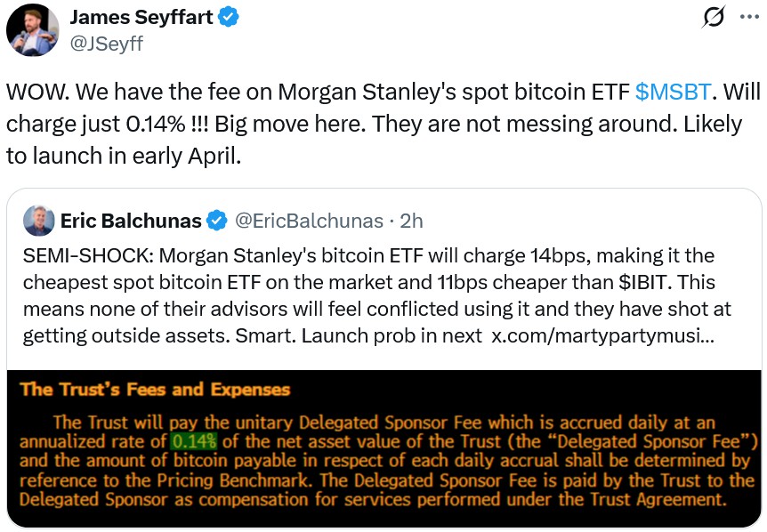 摩根士丹利拟设最低费率比特币ETF