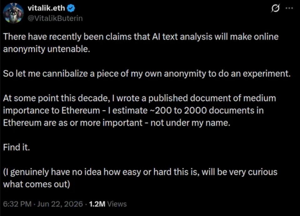 Vitalik确认AI识别匿名提案