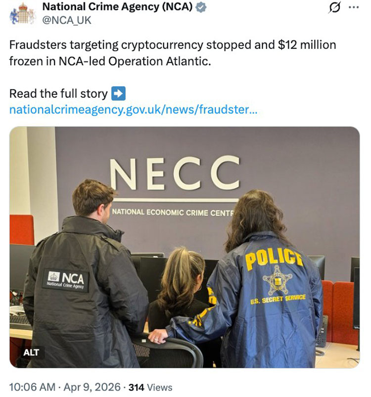 英国主导行动冻结千万加密骗资