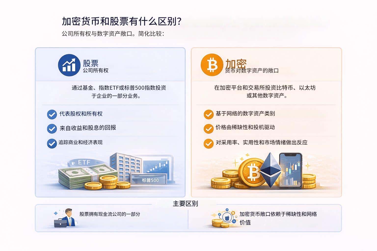 加密货币交易与股票交易:主要区别、收益和风险(2026 年指南)