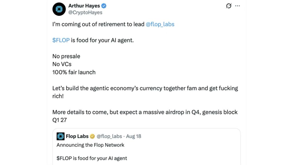 Arthur Hayes 在 Flop Labs第四季度空投前夕接任CEO 一职