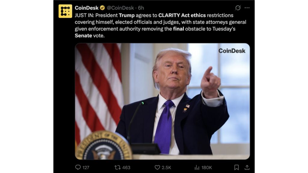 参议院发布 CLARITY 法案最终草案:川普接受大部分道德条款