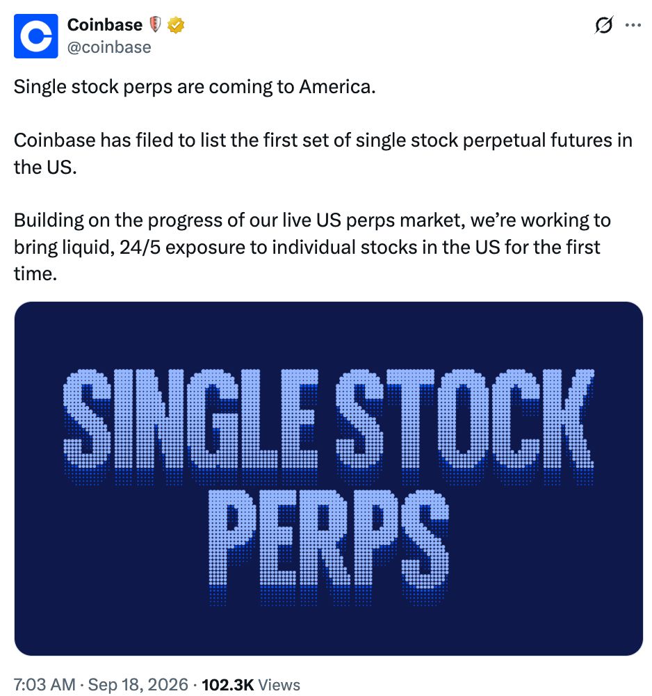 Coinbase向CFTC提交申请，计划将单一股票永续期货引入美国市场，支持24小时交易