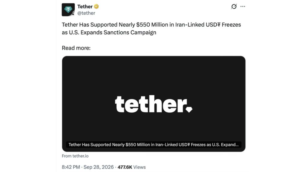 稳定币成美国制裁执行焦点:Tether 冻结 5.5 亿美元伊朗相关USDT