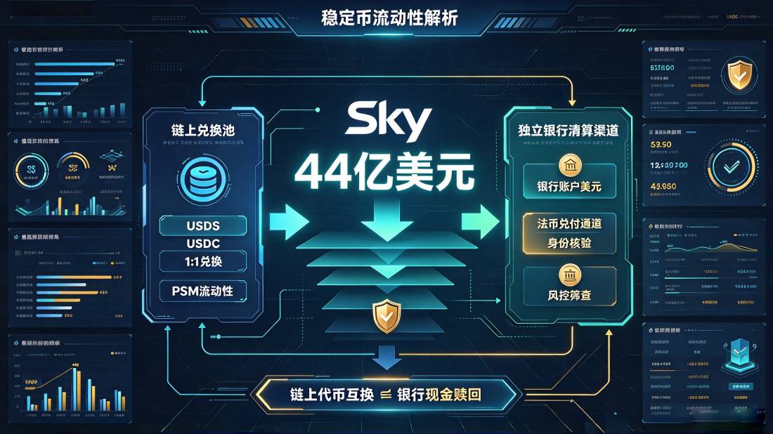Sky公开44亿美元PSM流动性,区分链上兑换与法币提现,说明美元兑付需独立银行渠道支撑