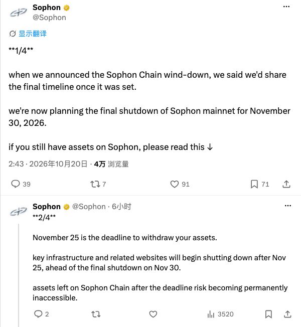 Sophon宣布关停主网：11月25日截止提现，逾期资产永久失效